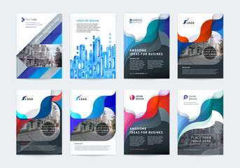 Business vector set. Brochure template layout, cover design annual report, flyer in A4 with colourful geometric shapes for PR, business, tech on bright background. Abstract creative design.