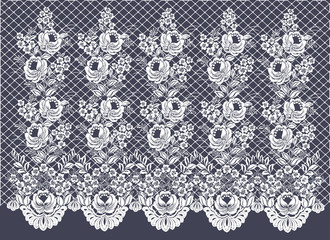 Vector lace pattern on the grid. Openwork band with flowers reaching upward. Lace curtains. Decorative border