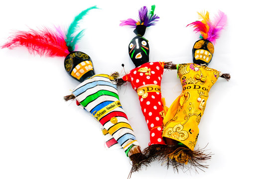 Voodoo dolls made from wood, paint and feathers, from New Orleans, Louisana