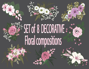 Set of floral compositions. Different flowers, leaves and flowering branches. Plant elements assembled into decorative bouquets. Delicate pink and white shades. Vector illustration.