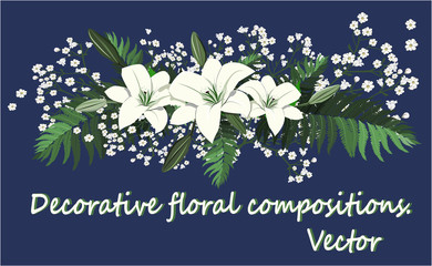 Lily flowers with greenery and other flowers. Floral composition. Decorative vector illustration