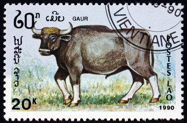 Postage stamp Laos 1990 gaur, Indian bison