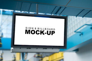 selective focus at mock up blank billboard hanging on ceiling