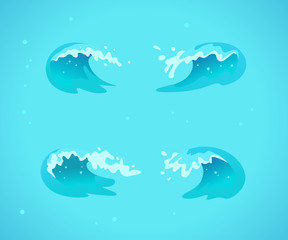 Obraz premium Vector collection of flat blue water waves, splatters, curves icons isolated on blue background. Pure water splatters set, good for environment elements design, packaging emblems, banners, logo etc.
