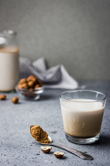 Homemade hazelnut milk in a glass on concrete background. Selective focus, copy space, close up. 