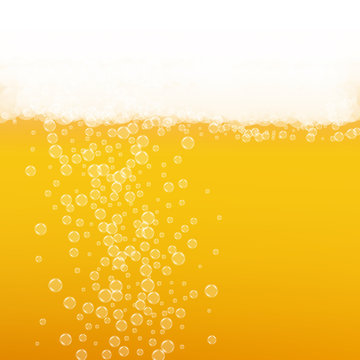 Beer background with realistic bubbles. Cool beverage for restaurant menu design, banners and flyers. Yellow square beer background with white frothy foam. Cold pint of golden lager or ale.