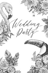 Vector drawing bird Flamingo and tukan with blooming flowers. Invitation decorative element. Graphic bird concept. Tropical concept. flower concept. © valeriyabtsk