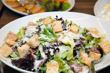 Salad with croutons, grated cheese, greens and cabbage
