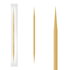 Realistic wooden toothpick in transparent individual package. Vector illustration.