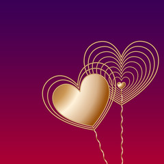 Two golden wire hearts on gradient background