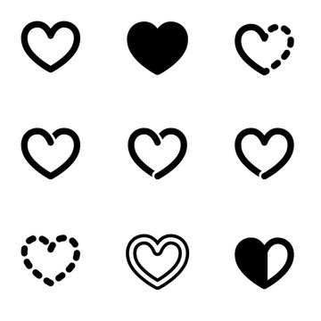 Set of bold line graphic heart symbols