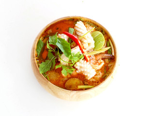  Tom yam kong soup on wihte back ground. Thai food.