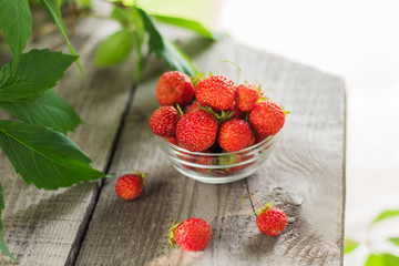 fresh strawberries in a glass bowl on a table in a gazebo