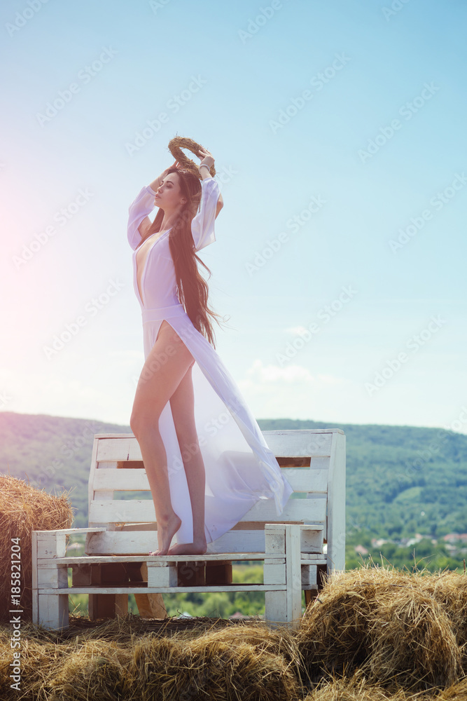 Sticker woman with long hair on sunny day on mountain landscape