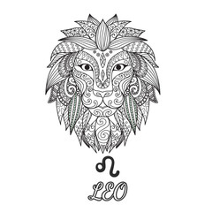 Zendoodle design of Leo zodiac sign for illustration and coloring book page for adult. Stock Vector.