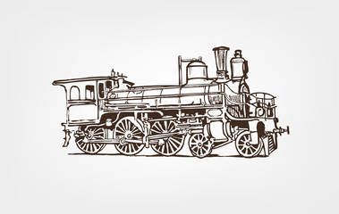 Old steam locomotive isolated on white background. Hand drawn illustration.