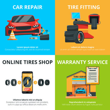 Concept illustrations of auto tire service. Garage for mechanics. Automobile shop