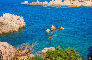 Turquoise sea and rocks in Costa Paradiso shoreline