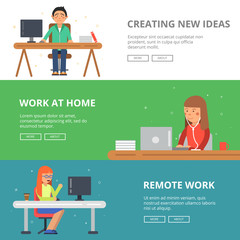 Horizontal banners with illustrations of freelancers at his workspace. Programmers and designers