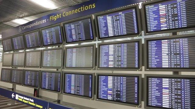 Airport screen shows travel flight departure, arrival, connection and airplane delay information on display monitor. ProRes file.