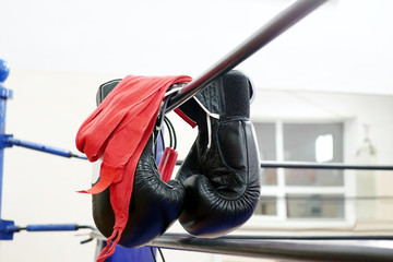 closeup on black boxing gloves and red hand wraps hanging on ring ropes - obrazy, fototapety, plakaty
