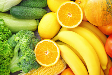 Delicious ripe fruits and vegetables, closeup