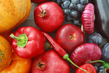 Delicious ripe fruits and vegetables, closeup