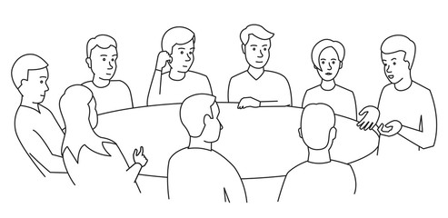 Round table talks. Team business people meeting conference nine people. White background stock illustration vector