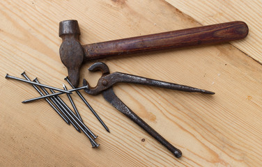 A hammer, pliers and nails - carpenter tool
