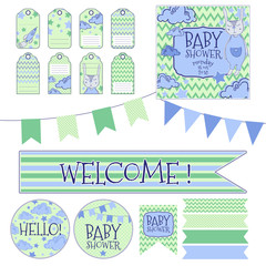 Children's vector set for the birth of a child, birthday. Baby Shower, tags, garland, postcard, sticker.