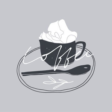 Fototapeta Doodle cup of coffee with whipped cream. Hand drawn stylized illustration with hand lettering 