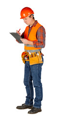 Full length portrait of a male builder in a orange helmet  over white wall background. repair, construction, building, people and maintenance concept..