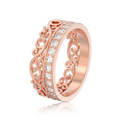 3D illustration isolated rose gold decorative crown diadem diamond ring with reflection