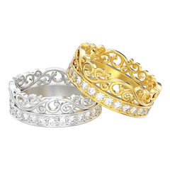 3D illustration isolated two yellow and white gold or silver decorative crown diadem diamond rings