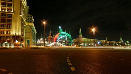 Christmas decorations in downtown Moscow, Russia/Christmas characters, taken late evening, before Christmas, festive illumination and decoration of city, near Red Square and Kremlin 