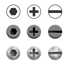 A set of metal shiny screws and bolts for use in your designs