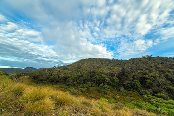 Mountains Landscape. Hills skyline Worlds End in Horton Plains National Park Sri Lanka.