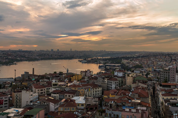 Panorama summer of Cityscape of Golden horn with ancient street and modern buildings in Istanbul Turkey from the Galata Tower Old Town. Turkey