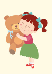 Cute girl with her teddy bear. Stock vector template, easy to use.