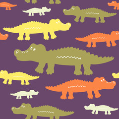 Cartoon cute crocodiles seamless vector pattern. Texture for wallpaper, fills, web page background.