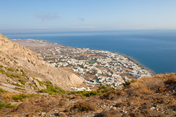 Fototapeta na wymiar Aerial view town Perissa to Kamari in Santorini Greece
