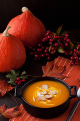 Fresh pumpkin soup. Healthy seasonal food concept