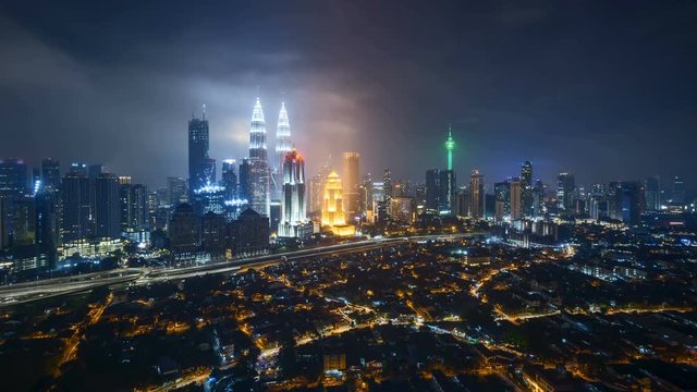 Night scene at Kuala Lumpur city skyline. 4k UHD time lapse