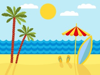 Tropical landscape with beach , sea and palm trees. Summer background with sea, palm trees, beach umbrella, surfboard