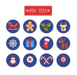 A set of New Year icons - a deer, a gingerbread man, a toy, a snowflake, a gift, a deer, a Christmas sock