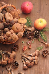 autumn still life mushrooms on a table