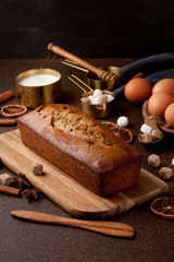 Fototapeta na wymiar Traditional spice gingerbread cake with honey, ginger, cinnamon, nutmeg and annis