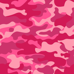 Camouflage seamless pattern background. Classic clothing style masking camo repeat print. Pink orchid rose ruby colors forest texture. Design element. Vector illustration.