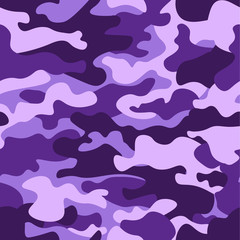 Military camouflage seamless pattern, purple monochrome. Classic clothing style masking camo repeat print. ruby colors texture. Design element. Vector illustration.