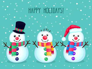 Christmas vector greeting card with cute snowmen. Colorful winter cartoon background. New year vector illustration with text 